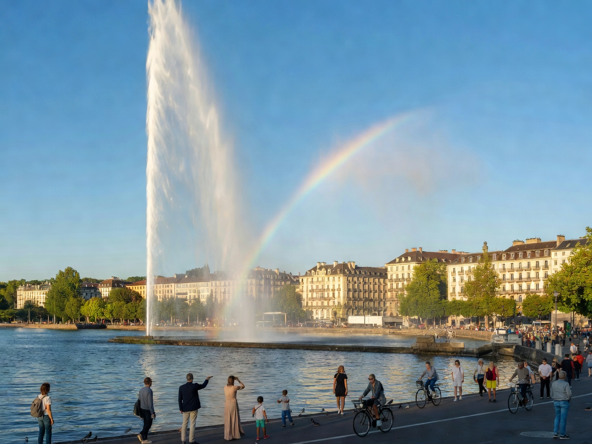 Geneva lakefront with Jet d'Eau fountain shooting water into the sky