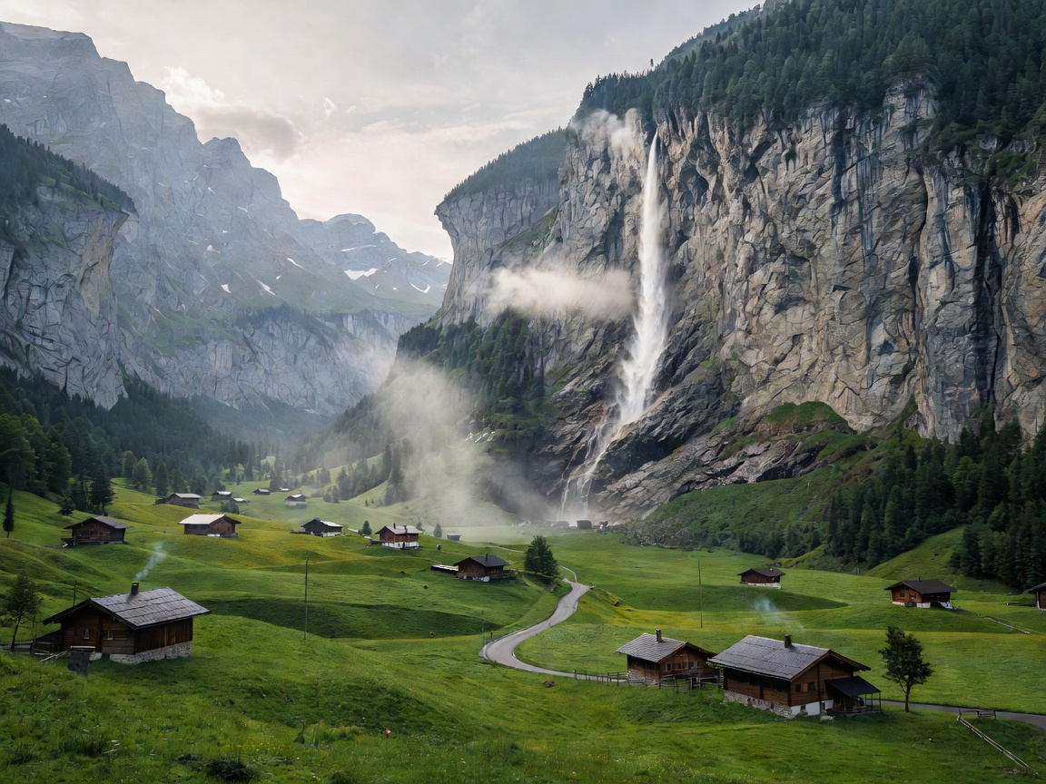 Lauterbrunnen valley with Staubbach waterfall cascading off high cliffs