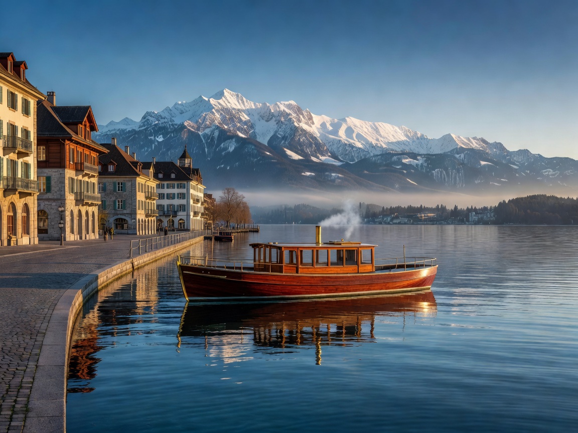 Lucerne lake front with vintage boat and alps
