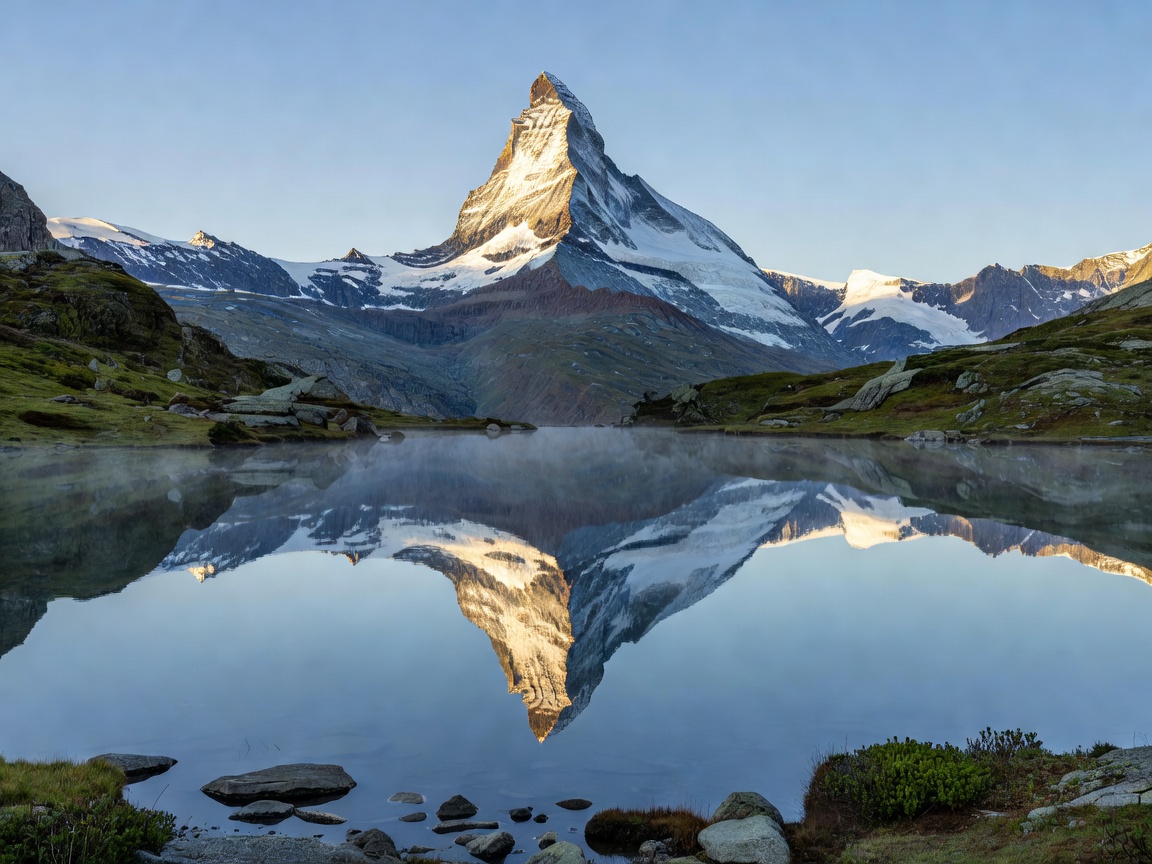 Matterhorn peak reflecting in lake Stellisee in Zermatt