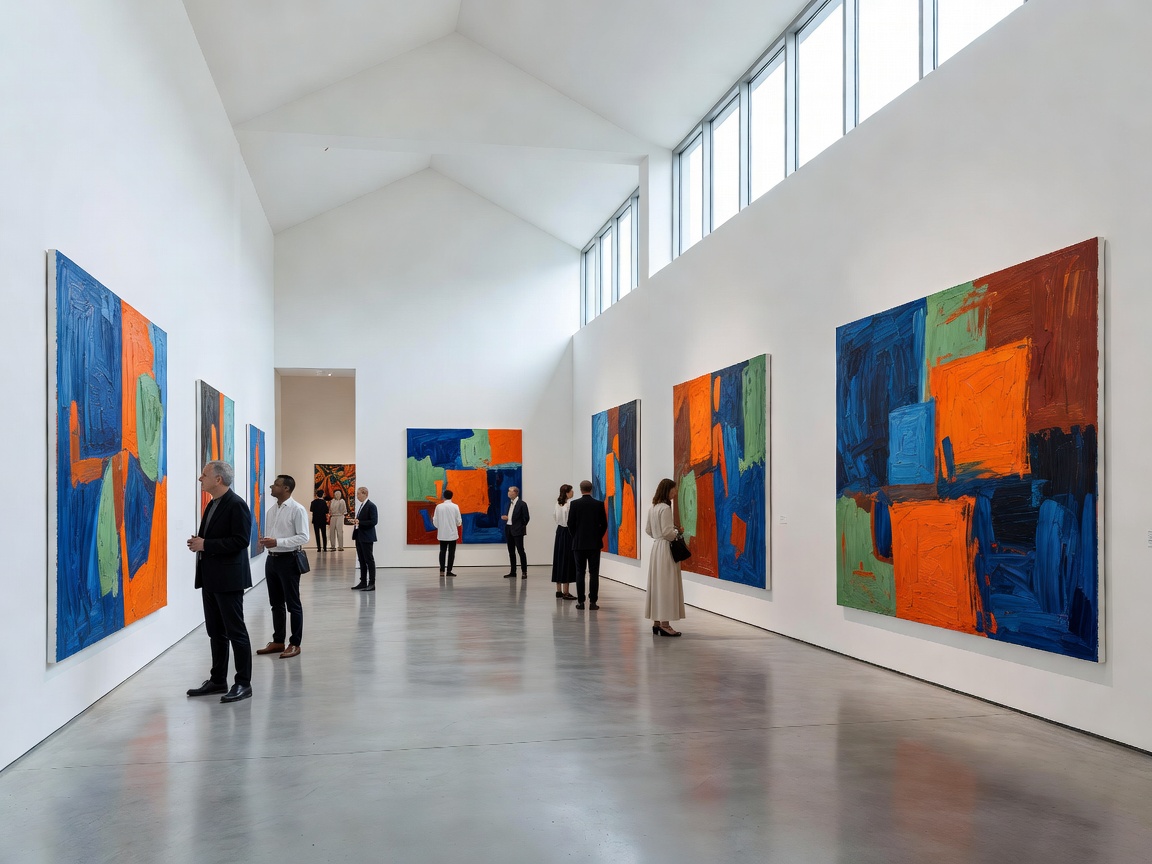 Modern art gallery interior with paintings on display