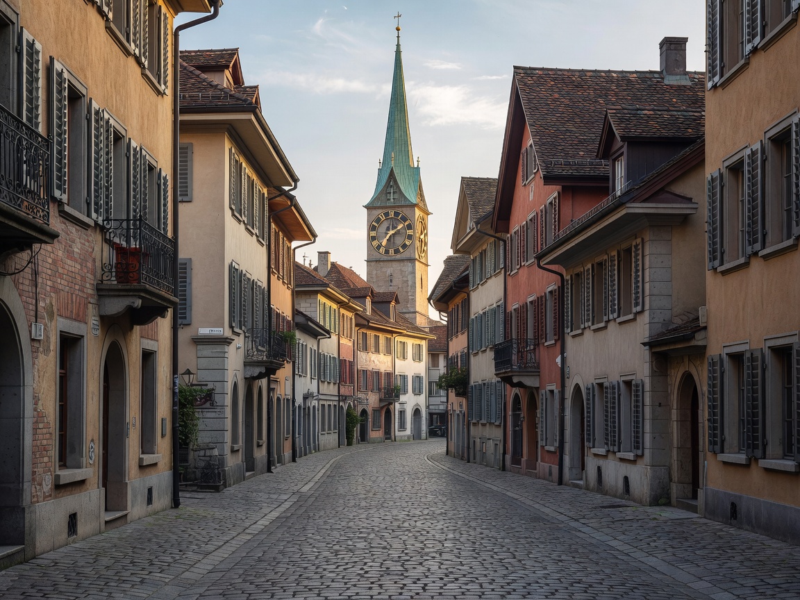 Old Town Altstadt Zurich with historic cobblestone street and clock tower