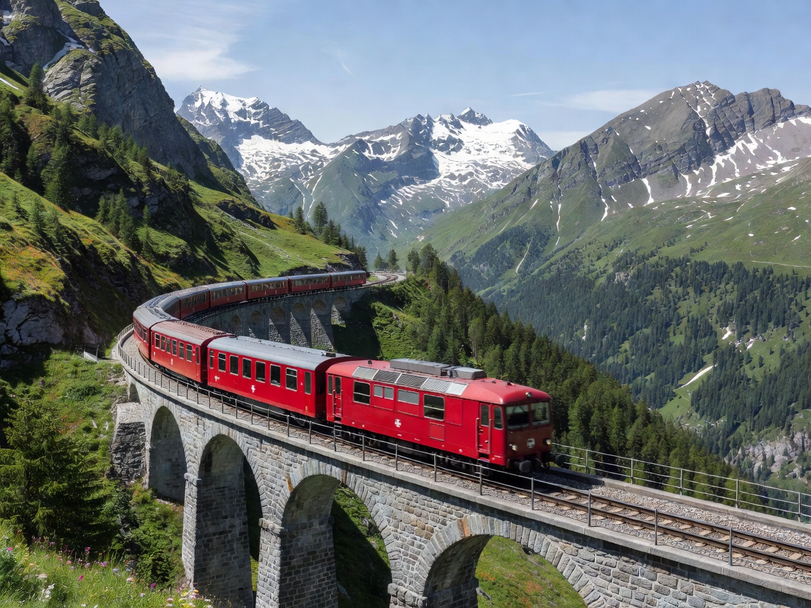 Scenic snow-capped peaks in the Swiss Alps with green valley