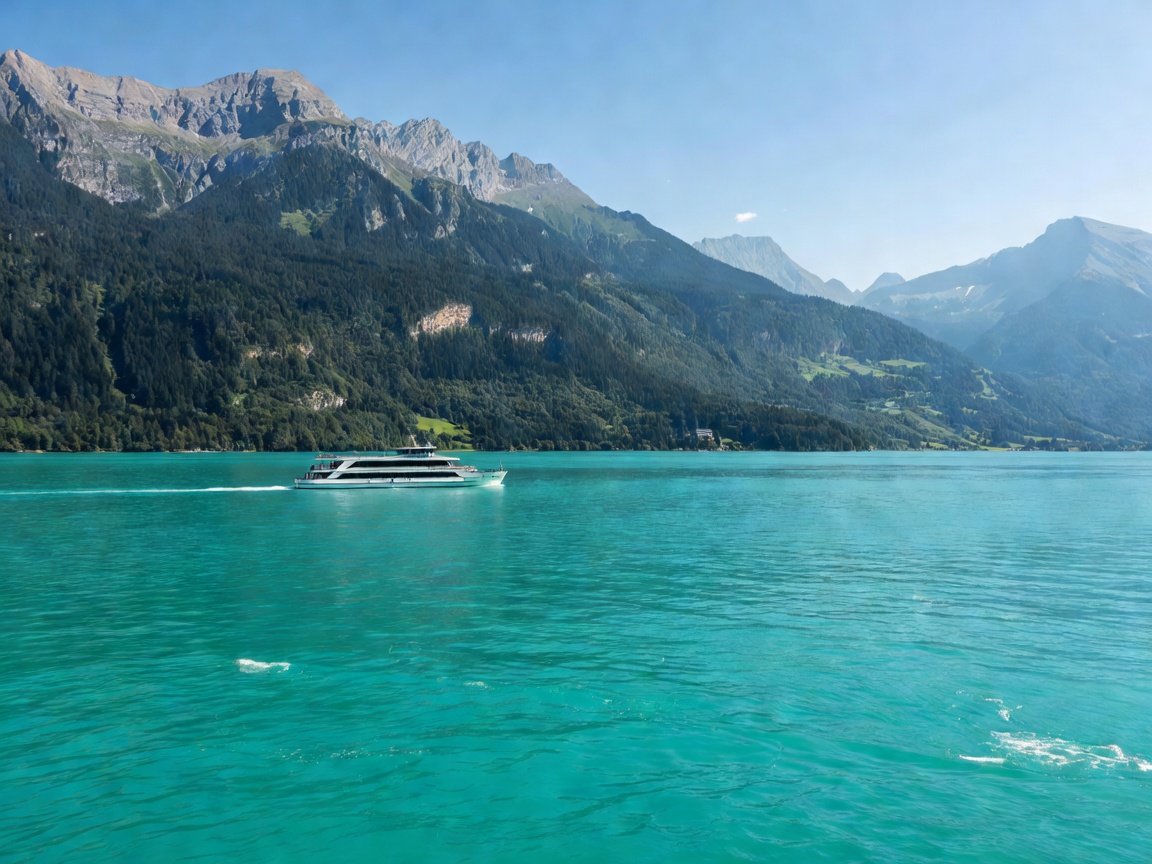 Turquoise water of Lake Brienz with ferry boat sailing past mountains